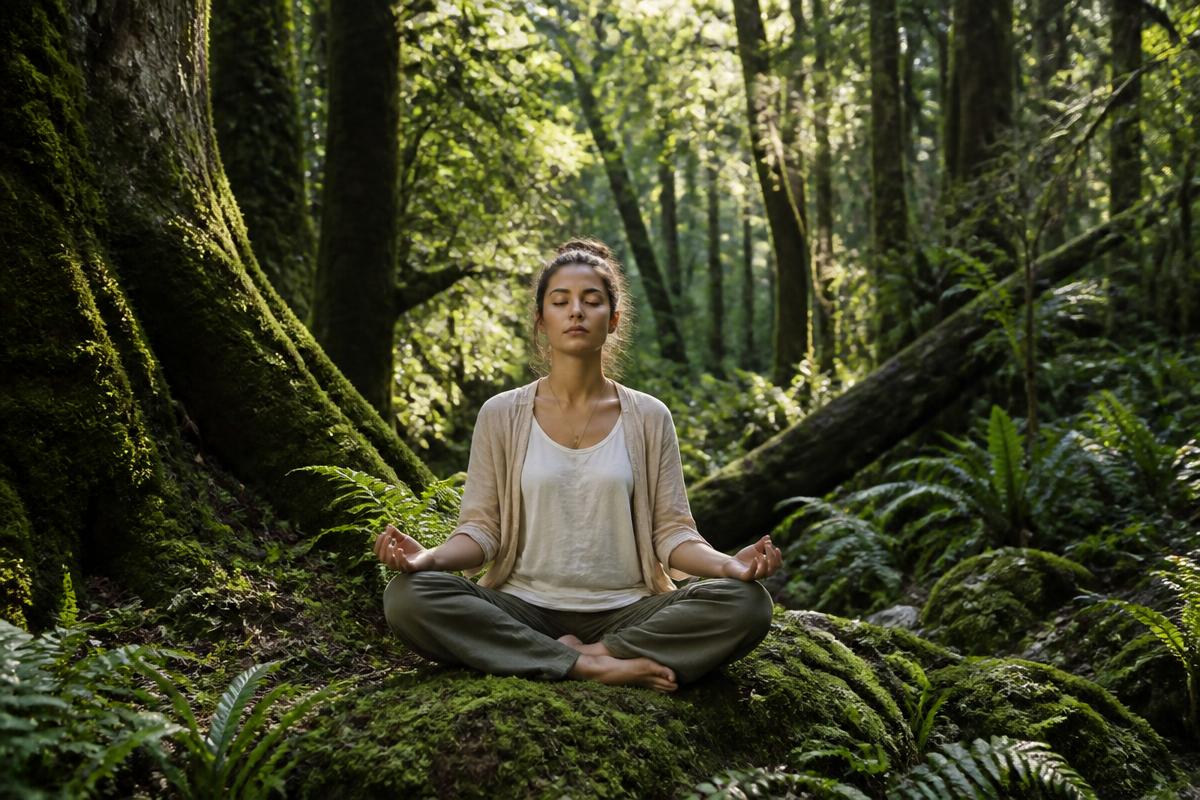 Person meditating peacefully on a mossy rock in a lush forest
