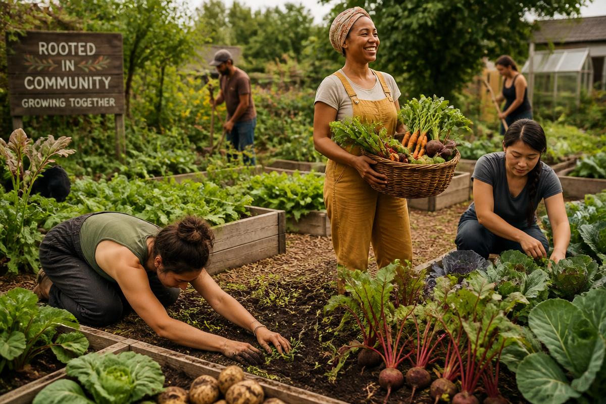 People practicing mindful movement while tending raised vegetable beds with lettuce, beets, cabbage, and potatoes
