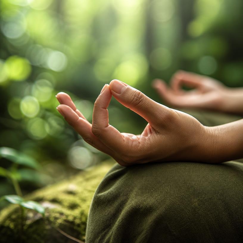 Hands resting in a meditation mudra in a green forest setting