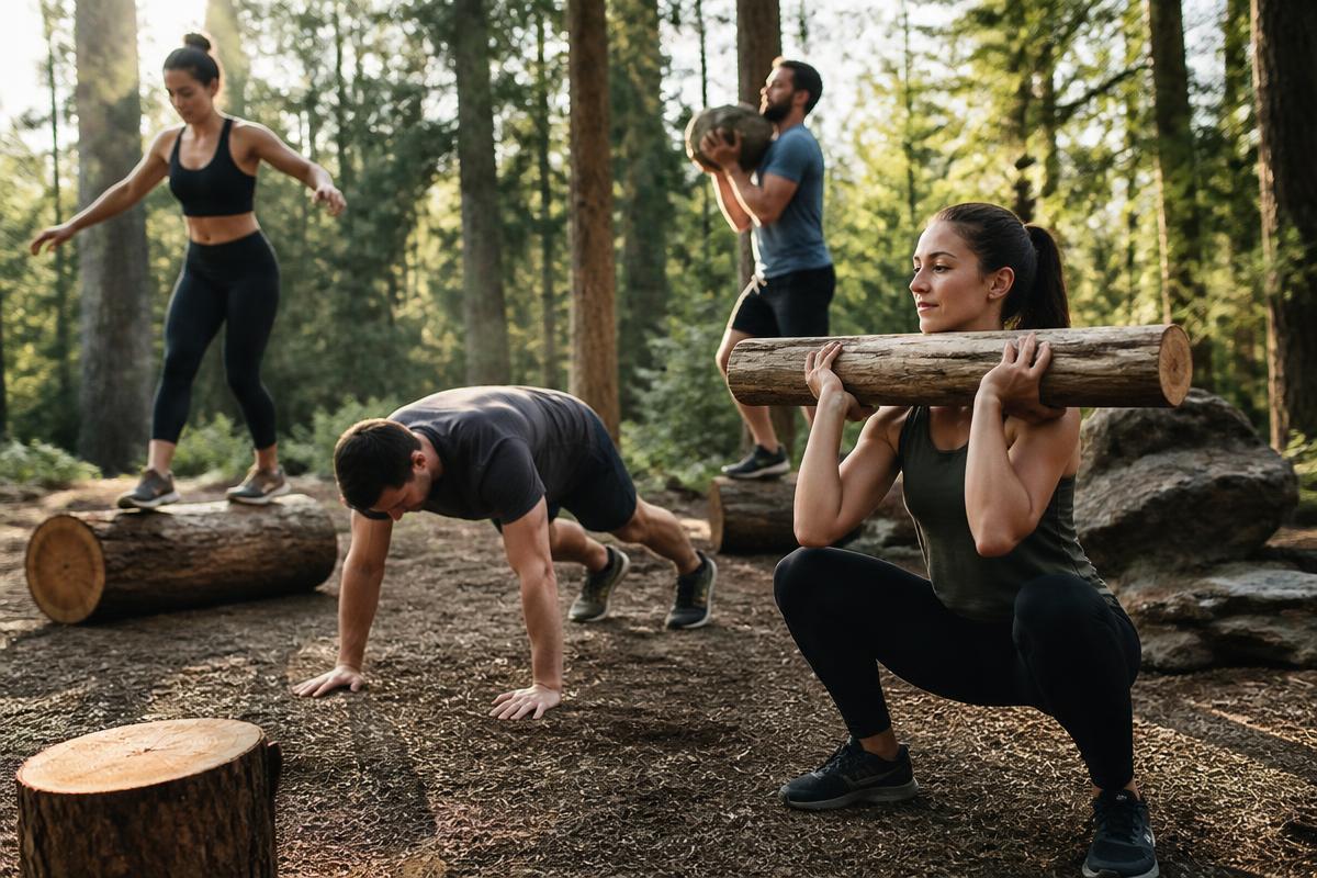 Small group training outdoors using natural logs in a forest setting