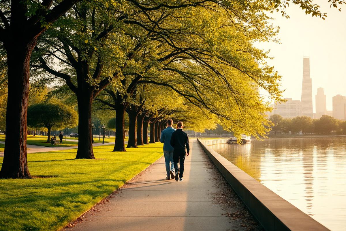 Two people walking slowly together along a tree-lined urban lakefront path